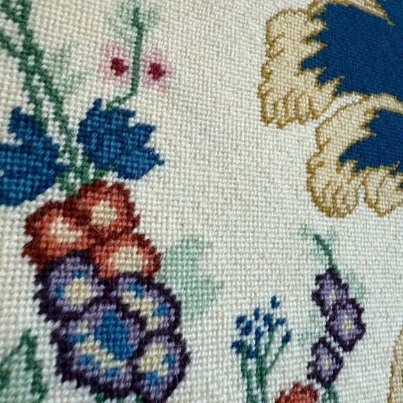 Vintage European Floral Needlepoint Art In Gold Round Frame - Picture 5 of 9